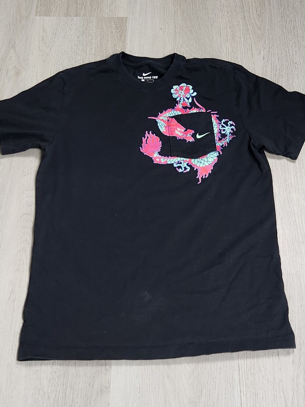 Nike Black Short Sleeve Tee with Neon Dragon Pocket Graphic